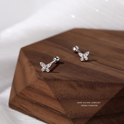 S999足银镂空蝴蝶耳钉女时尚简约ins风螺丝耳骨钉高颜潮耳饰批发送女朋友老婆情人节七夕生日礼物