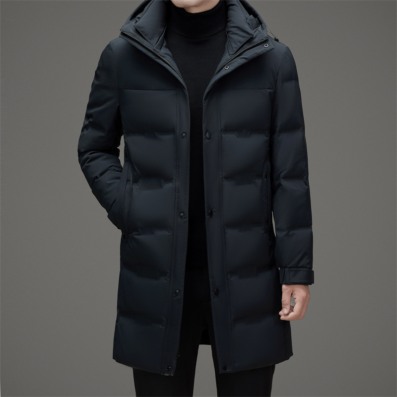 冬季新款锦纶弹力加厚连帽长款羽绒服中年男士90鸭绒防寒羽绒外套