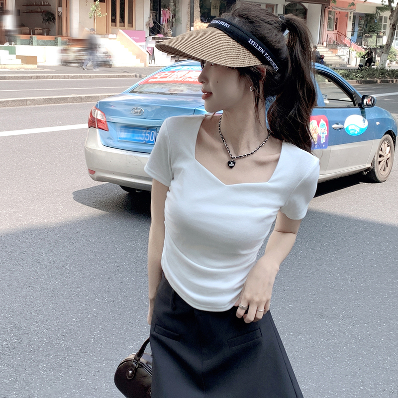 [2.5折价53元]唐狮方领短袖T恤女新款夏季韩版chic短款上衣女修身小衫