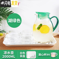 三维工匠耐热玻璃冷水壶创意果汁壶大号凉白开水茶壶家用凉水壶套装 中号白色茶盘套装(湖绿色,茶盘花样随机发)