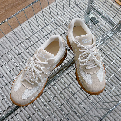 真皮小白鞋2025春季新款双鞋带阿甘鞋女蕾丝珍珠休闲百搭德训鞋女