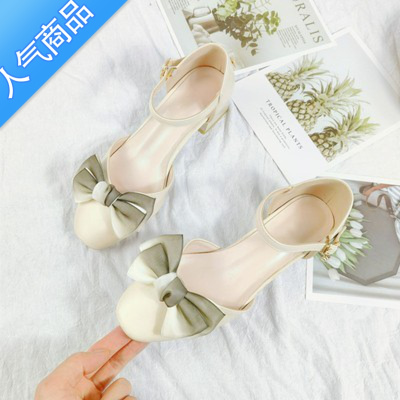 SUNTEK2022夏季新款百搭仙女风蝴蝶结粗跟中跟方头一字扣包头凉鞋女