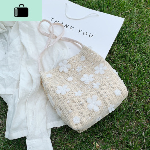 夏天编织小包包女2020新款潮时尚网红花朵单肩水桶包大容量托特包NEW LAKE 白色女斜挎包 白色