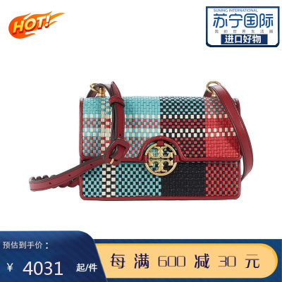 汤丽柏琦ToryBurch女包女式小方包Miller编织格子迷你包法兰绒印花编织翻盖包斜挎包Red_Multi