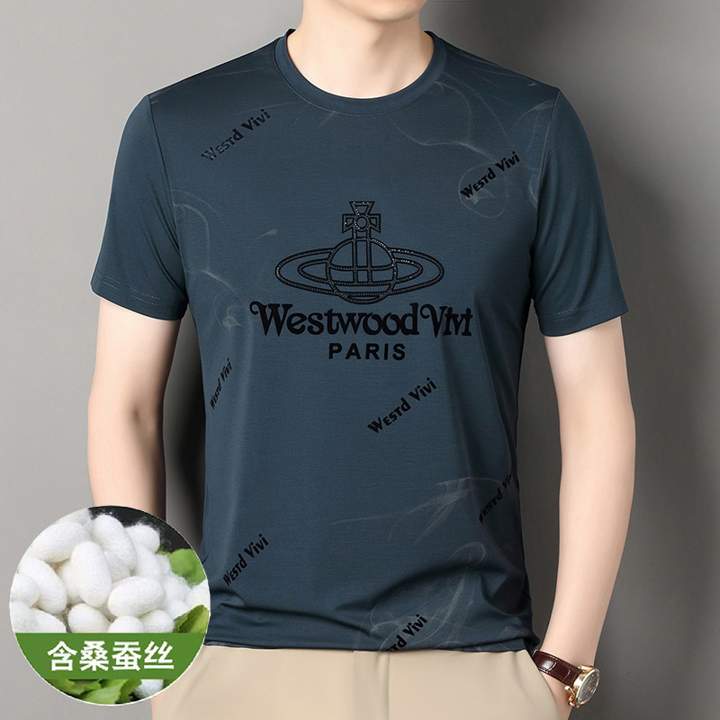 高级感夏季新款圆领短袖男植绒时尚休闲宽松薄款透气男士短袖T恤