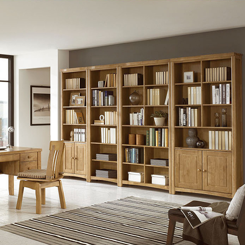 现代原木书柜书桌一体闪电客整墙书房设计阳台书架多功能全屋 橡胶木