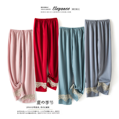 SUNTEK睡裤女长裤薄款春夏季冰丝宽松沙滩裤蕾丝性感防蚊裤可外穿睡裤/家居裤