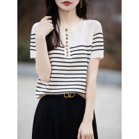 夏季时尚韩版宽松条纹短袖T恤女撞色半开领针织半袖女士上衣