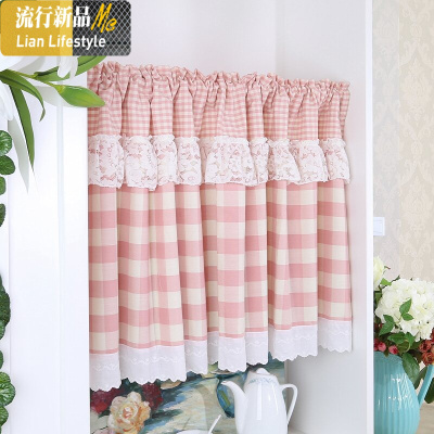 格子半帘田园短帘小卧室儿童窗帘厨房帘飘窗帘女孩蕾丝纱公主风 三维工匠