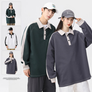 男装翻领卫衣男春秋季潮宽松长袖polo衫撞色百搭套头情侣运动上衣