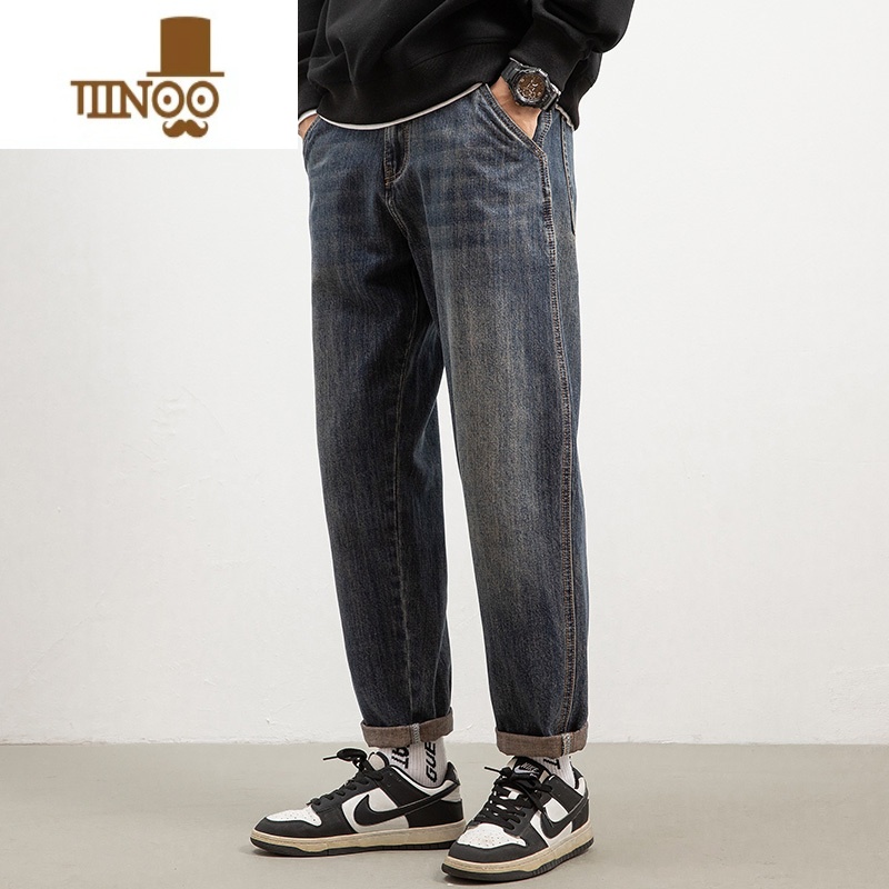 YANXU牛仔裤男士夏季薄款潮牌复古九分裤2023新款宽松直筒弹力休闲裤子
