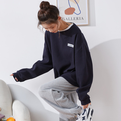 [3件8.5折59.4元,叠加优惠券]唐狮秋冬新款圆领卫衣女华夫格短款上衣韩系慵懒风外套宽松潮