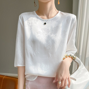 复古提花缎面上衣女春夏新款国风新中式衬衫T恤圆领宽松短袖小衫