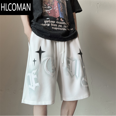 HLCOMAN发泡印花运动短裤男美式高街情侣中裤夏季潮牌青少年休闲五分裤子