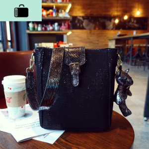 2020欧美女式新款网格布亮片水桶包个性镂空子母包百搭单肩斜挎包NEW LAKE 复古银(带挂件)女斜挎包 复古银（带挂件）