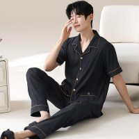 2026新款睡衣男士夏季短袖长裤翻领云朵棉开衫套装青少年家居服