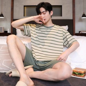 春夏季男士短袖短裤睡衣套头休闲宽松简约可外穿家居服套装