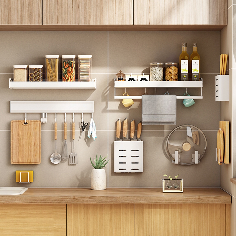 如华福禄厨房里的收纳置物挂架调味盒调料品锅铲挂钩白色墙面壁挂式免