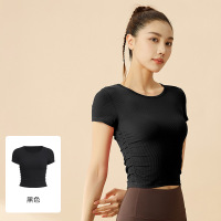 条纹运动短袖T恤女新款透气健身短袖夏季显瘦瑜伽服上衣