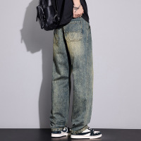 复古水洗工装牛仔裤男款大贴袋阔腿裤泥色高街潮流老爹长裤