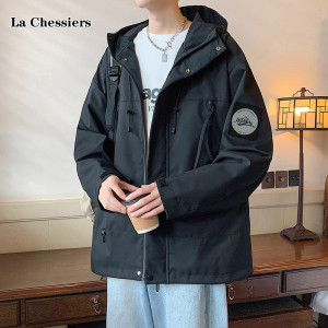 春秋季宽松冲锋衣夹克男男女同款休闲情侣款连帽工装外套茄克