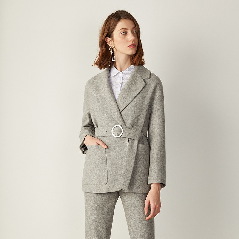 2018春季新款气质通勤落肩袖系带收腰羊毛呢西装外套女