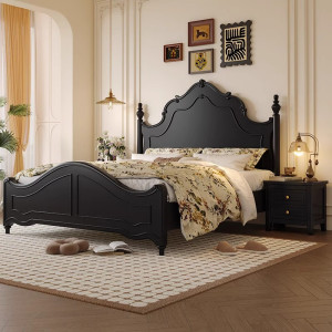 美式实木床法式复古中古风卧室1米8双人大床黑色高箱储物公主婚床