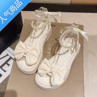 SUNTEK凉鞋女2023新款夏季蝴蝶结仙女风厚底珍珠一字带时尚露趾罗马女鞋