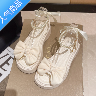 SUNTEK凉鞋女2023新款夏季蝴蝶结仙女风厚底珍珠一字带时尚露趾罗马女鞋