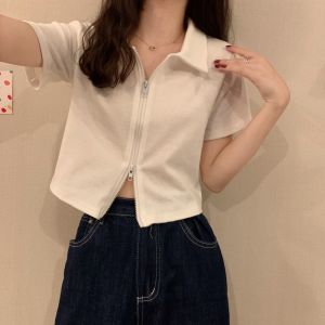 短款T恤翻领Polo衫双拉链开衫修身高腰露脐短袖设计感上衣夏季潮