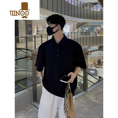 YANXU美式复古华夫格polo衫男潮牌宽松短袖翻领t恤设计感提花半袖卫衣