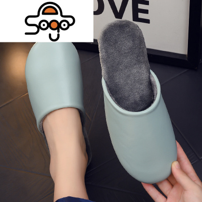 七色王国日式手工防水皮加绒家居室内防滑秋冬季棉拖鞋女家用地板软底无声拖鞋