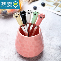 敬平水果叉子不锈钢儿童卡通创意可爱签果插家用吃点心水果小叉子套装 5只叉+(粉)陶瓷罐牙签