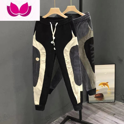 七斓休闲裤男2022新品撞色灯芯绒拼接网红同款修身束哈伦脚裤