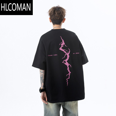 HLCOMAN美式高街闪电印花t恤短袖男款夏季宽松大码男生上衣