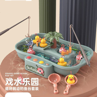 钓鱼台玩具套装电动水循环旋转儿童灯光音乐钓鱼池戏水玩具升级充电版送1充电器3充电电池