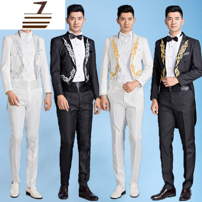 NEWLAKE新款男士燕尾服镶花西服套装歌手主持大合唱指挥舞台演出服黑白色