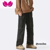七斓美式高街工装裤男春季潮流机能冲锋裤宽松直筒黑色休闲运动长裤子