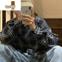 YANXU格子衬衫男秋季美式宽松百搭长袖衬衣日系复古休闲外套潮