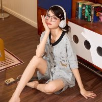 带胸垫仿棉睡衣女士夏季短袖高级感卡通韩版开衫可外穿家居服套装