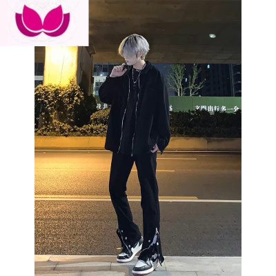 七斓欧美高街vibe裤子小众设计感开叉微喇叭黑色牛仔裤男款修身直筒裤