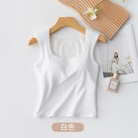 夏季白色纯棉背心带胸垫女内搭方领短款辣妹宽肩外穿打底上衣