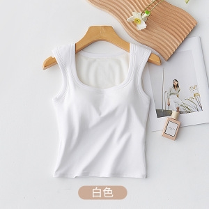 夏季白色纯棉背心带胸垫女内搭方领短款辣妹宽肩外穿打底上衣
