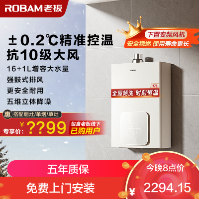 老板(ROBAM)燃气热水器 水气双调 智能恒温 防风防冻16L制水量 燃气壁挂炉 HD660A-16L