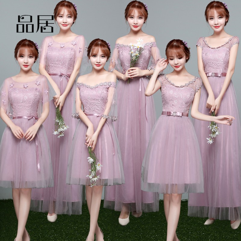 伴娘礼服女2018新款韩版姐妹团伴娘服长款灰色一字肩连衣裙短