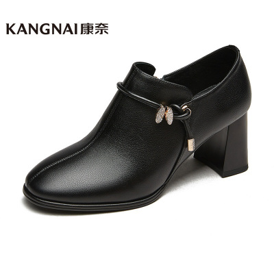 康奈女鞋春秋季女士新款深口单鞋真皮时尚水钻圆头拉链粗跟气质通勤女皮鞋15406003
