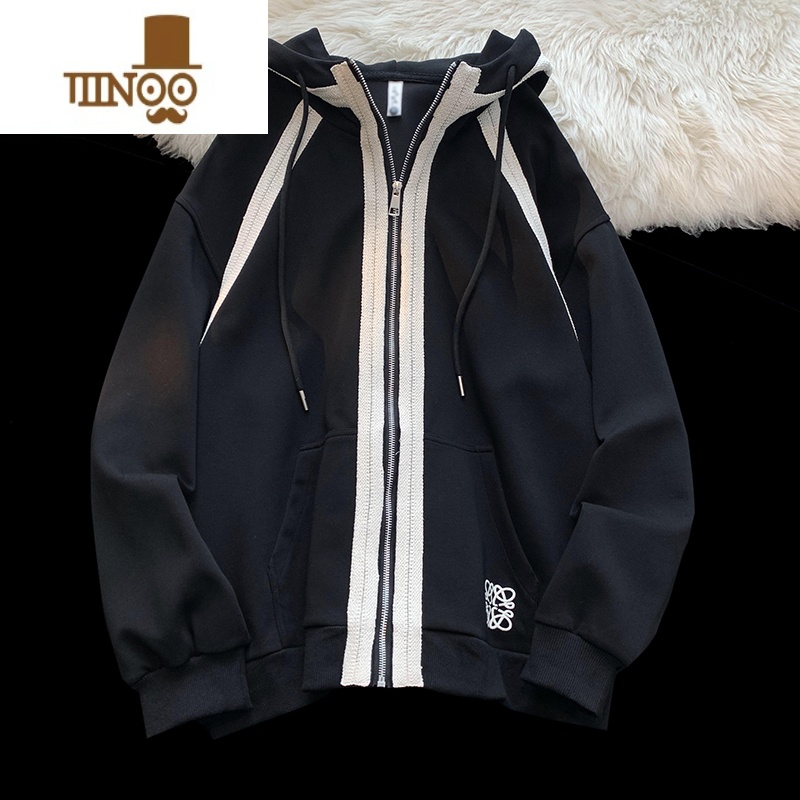 YANXU织带拼接卫衣外套男潮牌ins设计感连帽上衣宽松情侣拉链开衫