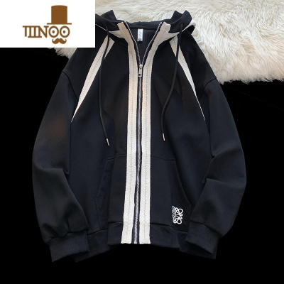 YANXU织带拼接卫衣外套男潮牌ins设计感连帽上衣宽松情侣拉链开衫