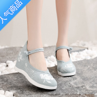 SUNTEK新款老北京布鞋女古装汉服古风内增高跟民族风舞蹈厚底坡跟绣花鞋