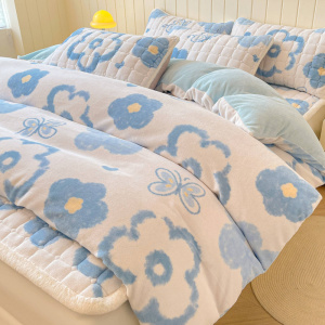 卡通牛奶绒床上四件套床盖款新款珊瑚绒宿舍床褥品被罩三件套